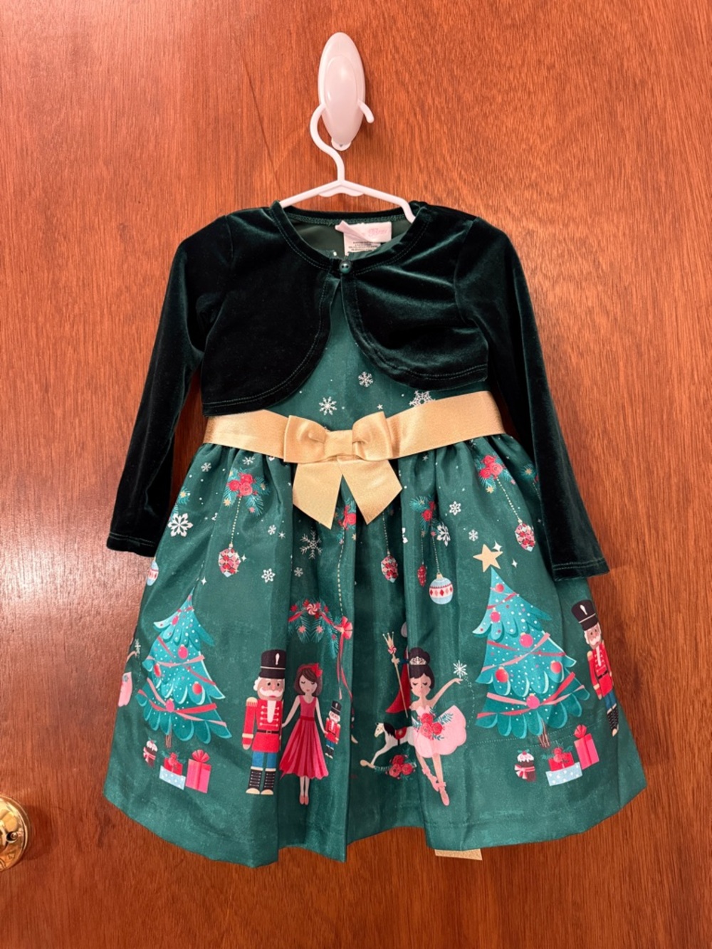Bonnie Baby Green Holiday Dress with Nutcracker Print and Velvet Cardigan